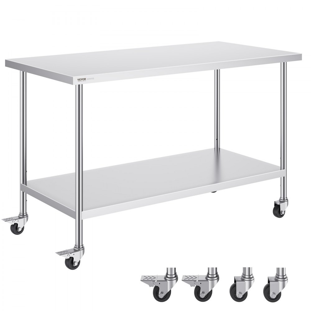 VEVOR Stainless Steel Work Table 30 x 60 x 38 Inch, with 4 Wheels, 3 Adjustable Height Levels, Heavy Duty Food Prep Worktable for Commercial Kitchen Restaurant, Silver - CFBXGGZTLCDJ1CSD7V0