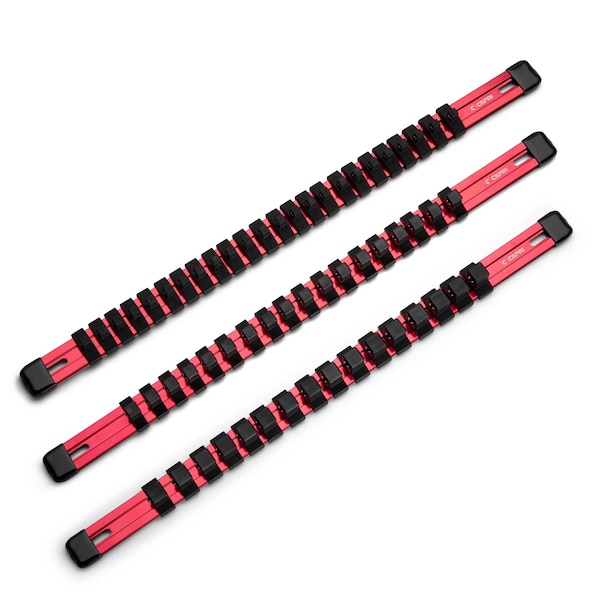Juego de Rieles de Sockets de Aluminio Capri Tools, 14, 38 y 12 Pulgadas de Accionamiento, 17 Pulgadas de Largo, Rojo, 3 Piezas de Riel con 58 Clips de Socket - CP50200-3PK-17RD