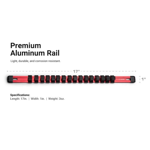 Juego de Rieles de Sockets de Aluminio Capri Tools, 14, 38 y 12 Pulgadas de Accionamiento, 17 Pulgadas de Largo, Rojo, 3 Piezas de Riel con 58 Clips de Socket - CP50200-3PK-17RD