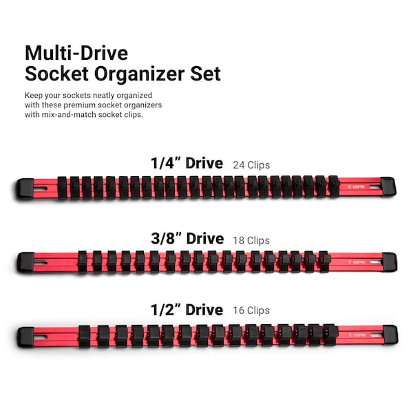 Juego de Rieles de Sockets de Aluminio Capri Tools, 14, 38 y 12 Pulgadas de Accionamiento, 17 Pulgadas de Largo, Rojo, 3 Piezas de Riel con 58 Clips de Socket - CP50200-3PK-17RD