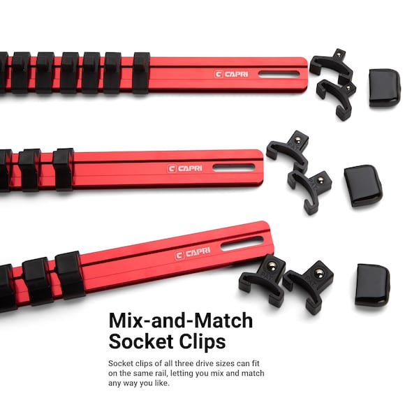 Juego de Rieles de Sockets de Aluminio Capri Tools, 14, 38 y 12 Pulgadas de Accionamiento, 17 Pulgadas de Largo, Rojo, 3 Piezas de Riel con 58 Clips de Socket - CP50200-3PK-17RD