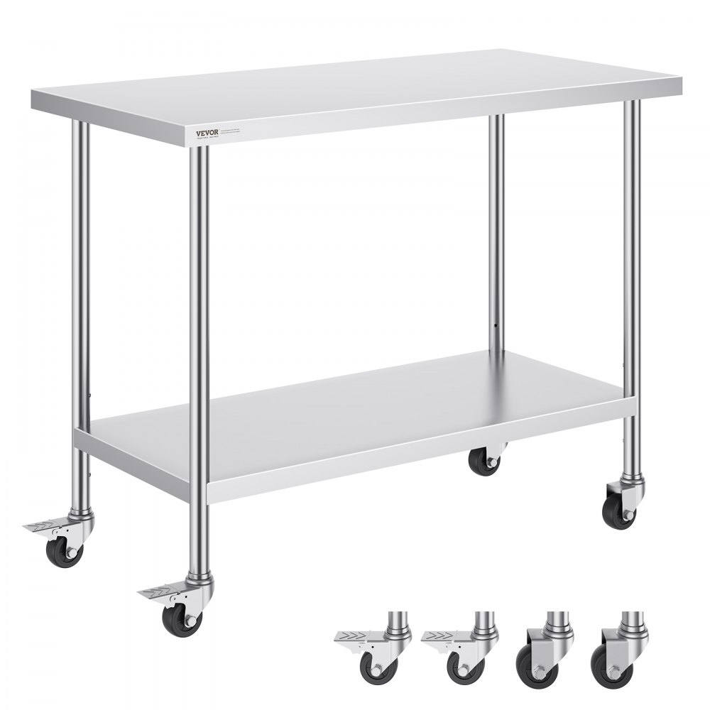 VEVOR Stainless Steel Work Table 24 x 48 x 38 Inch, with 4 Wheels, 3 Adjustable Height Levels, Heavy Duty Food Prep Worktable for Commercial Kitchen Restaurant, Silver - CFBXGGZTLCDJ6DXO2V0