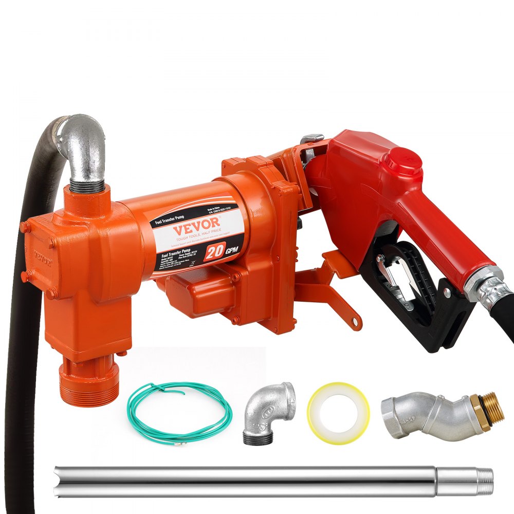 VEVOR Fuel Transfer Pump, 12V DC 20 GPM 1/4 HP, Gasoline Extractor Pump with Automatic Nozzle, Discharge Hose & Suction Pipe for Gasoline, Diesel, Kerosene, Ethanol & Methanol Blends, and Biodiesel - F12V14HP21GPM1XXCV9