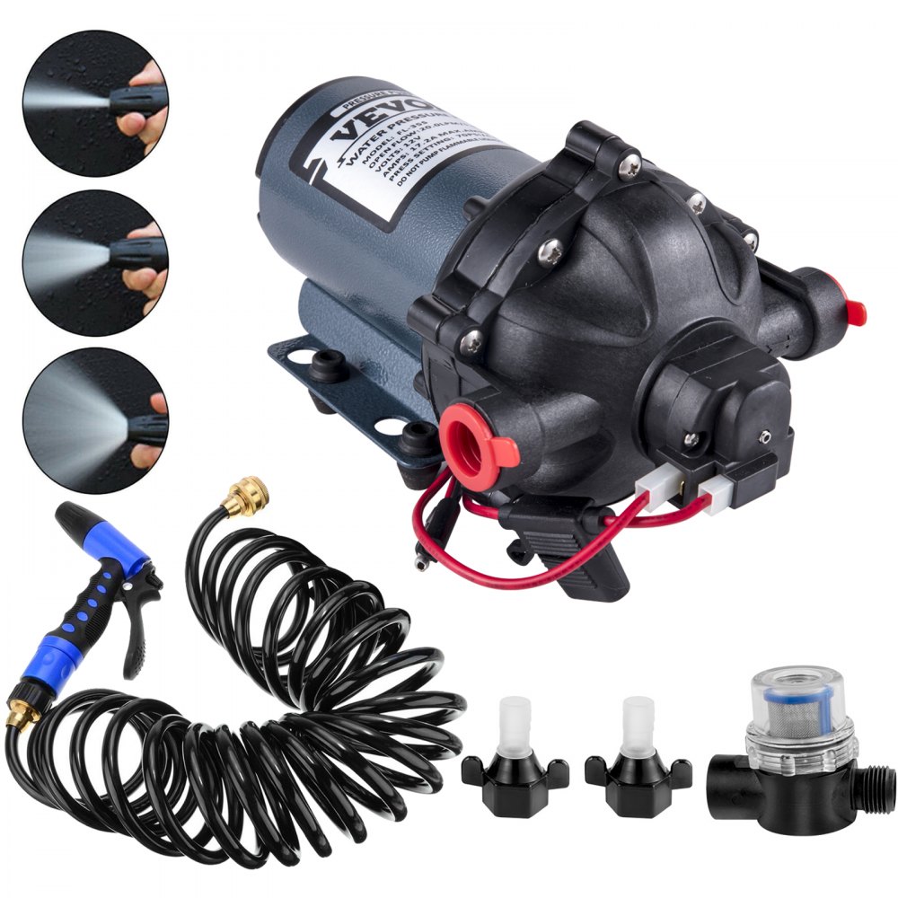 VEVOR RV Water Pump 5.3 GPM 5.5 Gallons Per Minute 12V Water Pump Automatic 70 PSI Diaphragm Pump with 25 Foot Coiled Hose Washdown Pumps for Boats Caravan Rv Marine Yacht - 12VDCSFWP1-JBCXB1V0
