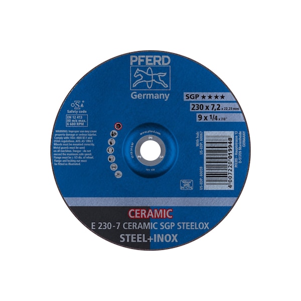 Muela de rectificado Pferd de 9" x 1/4, agujero de 7/8" - CERAMIC SGP STEELOX - Tipo 27 - 60059