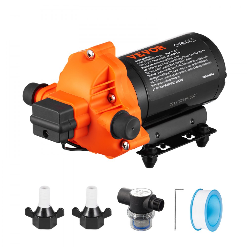 VEVOR Water Diaphragm Pump, 110V AC, 3.3 GPM Flow, 45 PSI Rated Pressure (40-80 PSI Adjustable), 1/2" MNPT Self Priming Sprayer Pump with Pressure Switch for RV Camper Marine Boat Lawn, FCC Certified - MGDDG345PSI12KDWXV1
