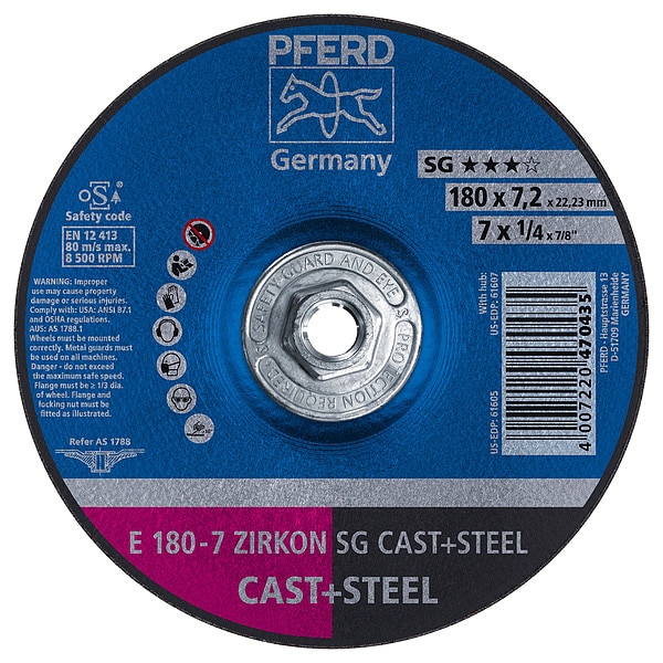 Rueda de molienda Pferd de 7" x 1/4, Rosca 5/8-11 - ZIRKON SG CAST+STEEL - Tipo 27 - 61607
