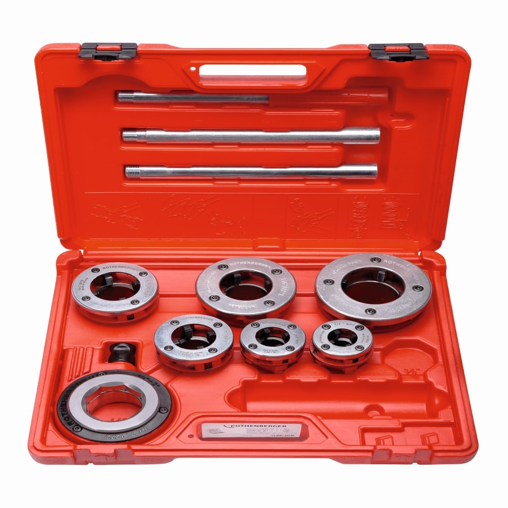 ROTHENBERGER Rothenberger Dados de acero templado de alta calidad - Varios tamaños SAE - Tamaño hexagonal circular de 2 pulgadas - Dividido - Rosca derecha - Métrico y SAE - Trinquete bloqueable - Requisitos de ángulo - Fácil extracción de la cabeza del dado - 70905