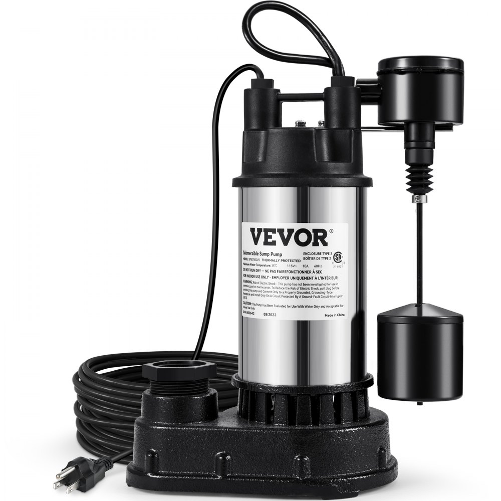 VEVOR 1.5 HP Submersible Cast Iron and Steel Sump Pump, 6000 GPH Submersible Water Pump with Integrated Vertical Float Switch, for Basement Water Basin and Flooding Area - WSBBX10HP110VXGOYV1