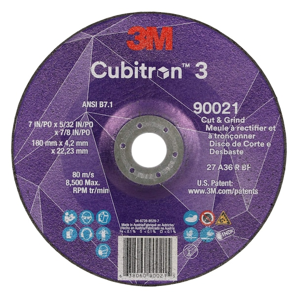3M Cubitron 3 Rueda para Cortar y Rectificar, 90021, 36+, T27, 7 pulgadas x 5/32 pulgadas x 7/8 pulgadas (180 x 4.2 x 22.23 mm), ANSI, 10/paquete - 90021