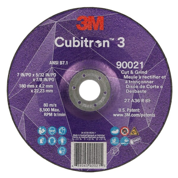 3M Cubitron 3 Rueda para Cortar y Rectificar, 90021, 36+, T27, 7 pulgadas x 5/32 pulgadas x 7/8 pulgadas (180 x 4.2 x 22.23 mm), ANSI, 10/paquete - 90021