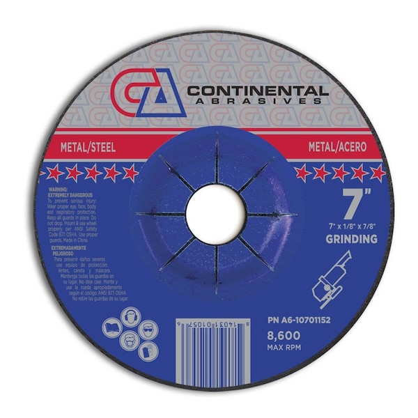 Rueda de corte y rectificado y muescas de centro deprimido con firma Continental Abrasives de 7" x 1/8" x 7/8" - A6-10701152