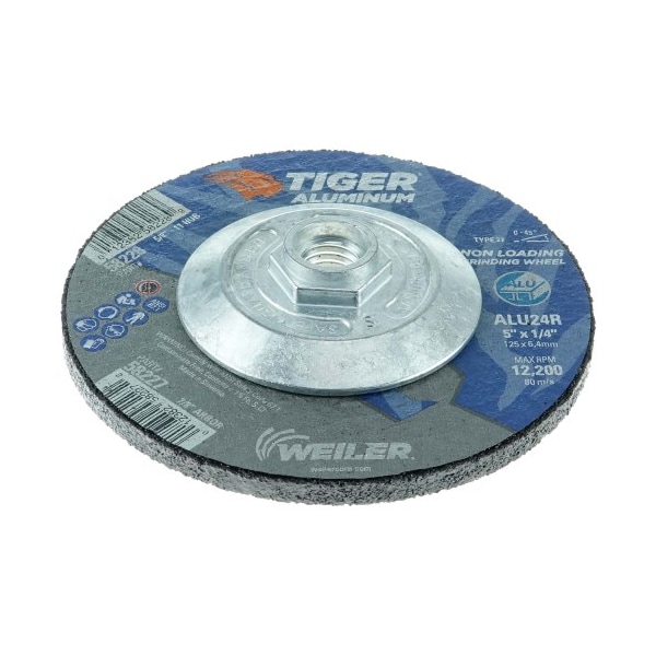 Rueda de esmerilado tipo 27 de aluminio TIGER ALUMINUM Weiler de 5" x 1/4" con tuerca de 5/8-11 - 58228.