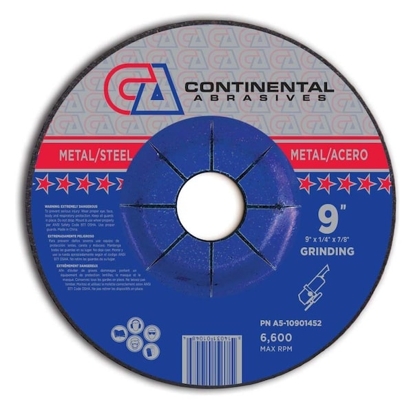 Rueda de rectificado de centro deprimido Continental Abrasives de 9" x 1/4" x 5/8" - Firma T27 - A5-10901452