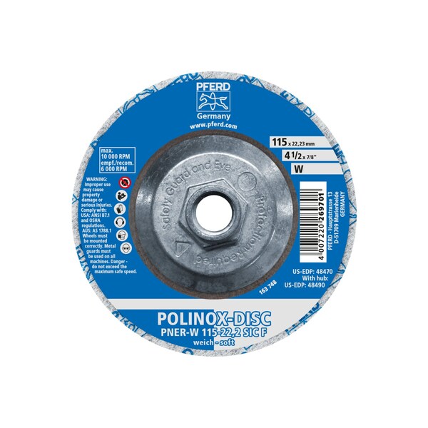 Disco unitizado suave tipo Pferd 4-1/2" POLINOX® - T27 (cónico) 5/8-11 rosca, SiC fino (W) 2SF - 48490