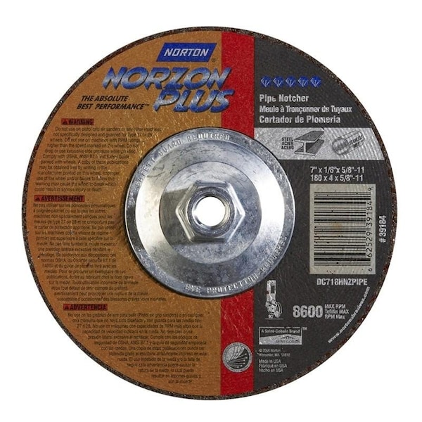 Rueda de esmerilado Norton Co, Centro deprimido, Tipo 27 - Metal - NorZon Plus, 7 x 1/8 x 5/8-11, RPM máximo: 8600 - 662529-39184