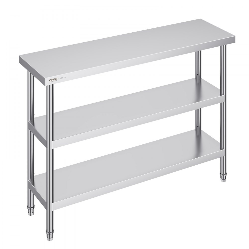VEVOR Stainless Steel Food Prep Table, 14 x 48 x 34 Inch Commercial Kitchen Worktable, with 2 Adjustable Undershelf, Heavy Duty Prep Table Metal Work Table for BBQ, Kitchen, Home, and Garage - CFBXGGZTSCGZ18G6KV0
