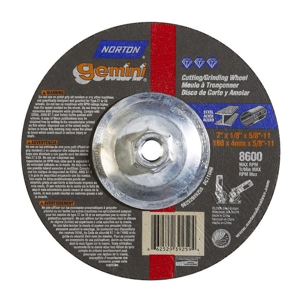 Rueda de rectificación Norton Co, Centro deprimido, Tipo 27 - Metal - Óxido de Aluminio Gemini, 7 x 1/8 x 5/8-11, RPM máximo: 8600 - 662529-39259