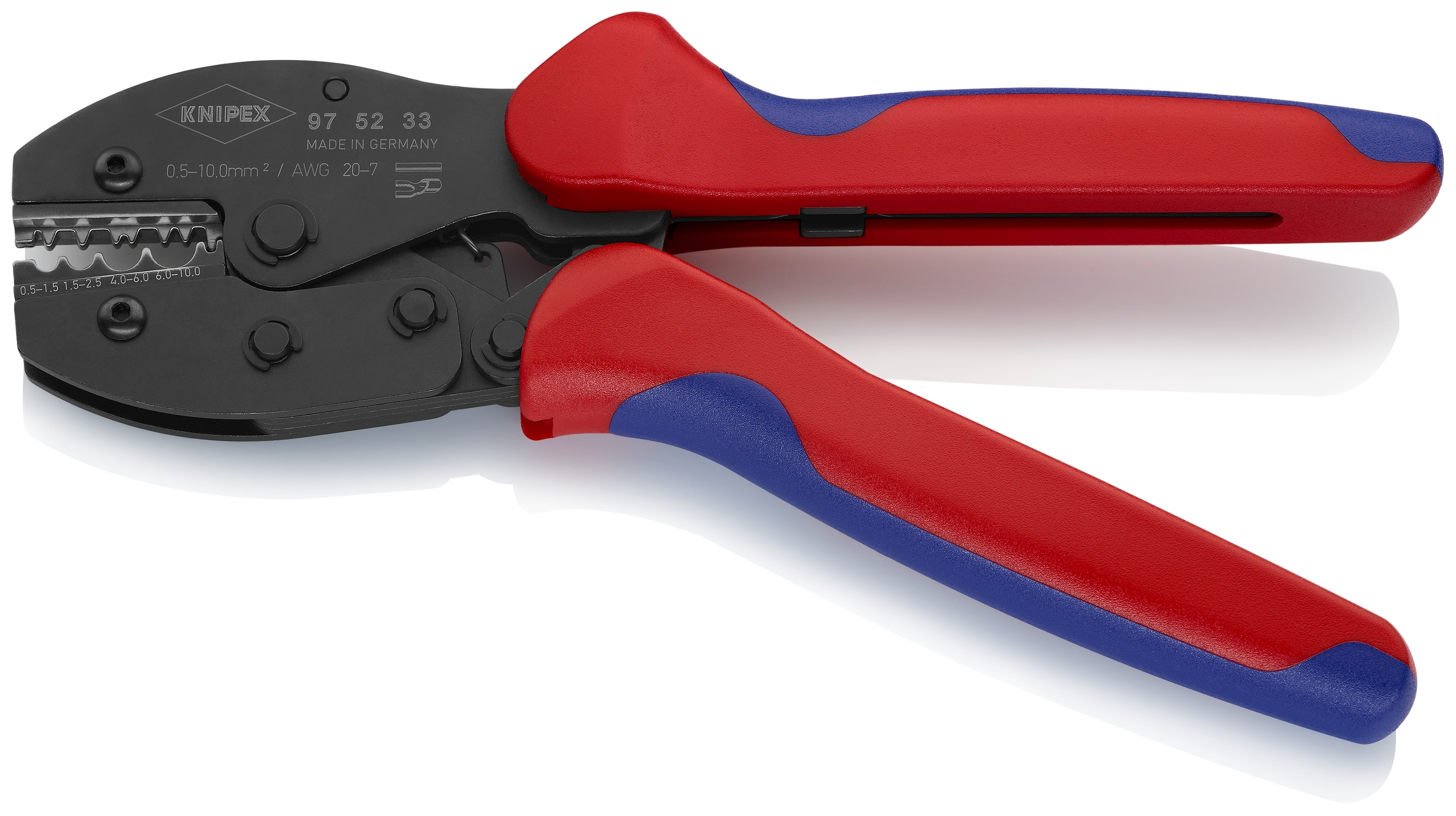 Pinzas de engarce con mango de confort de KNIPEX 8.55 pulgadas en rojo para terminales y conectores sin aislamiento - 97 52 33