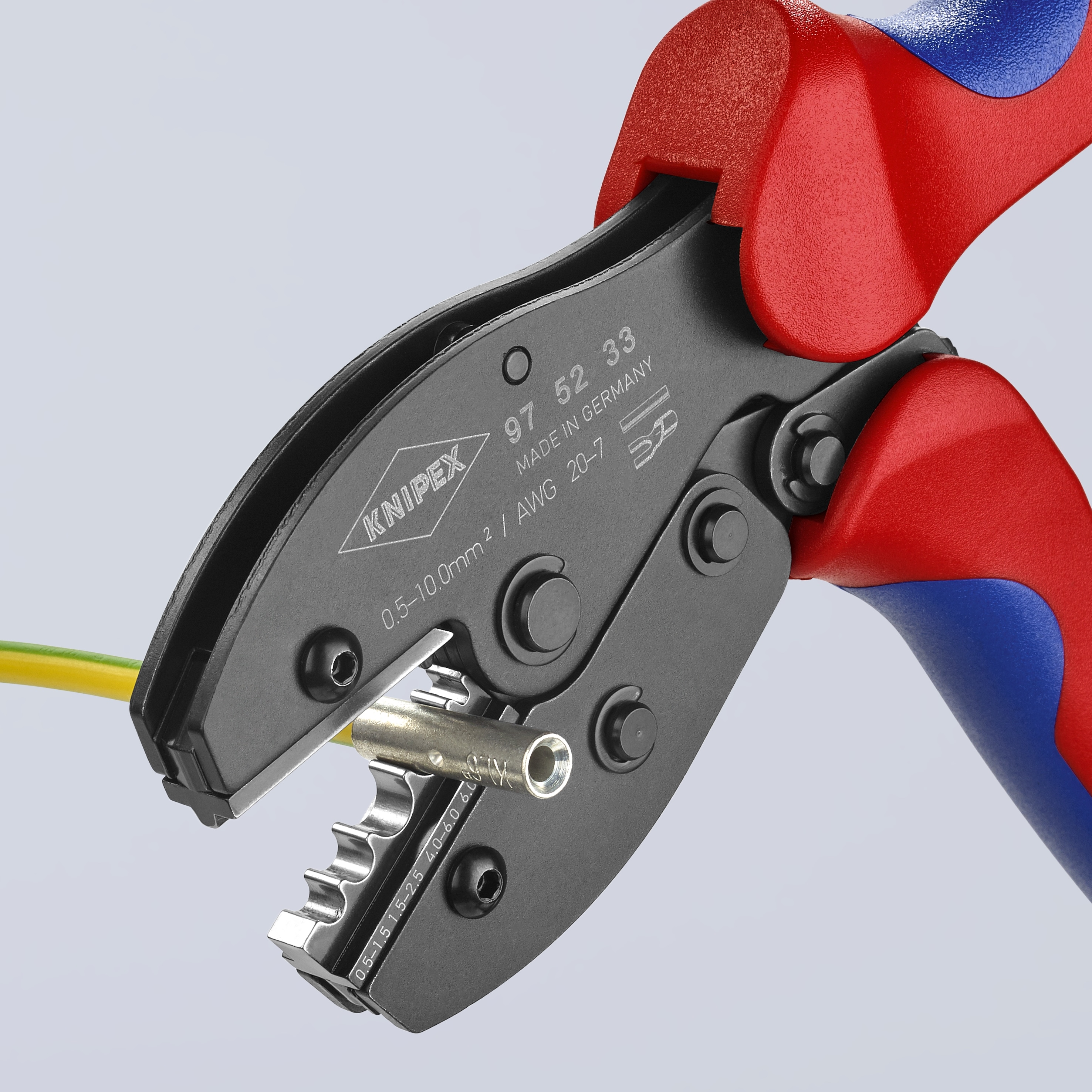 Pinzas de engarce con mango de confort de KNIPEX 8.55 pulgadas en rojo para terminales y conectores sin aislamiento - 97 52 33
