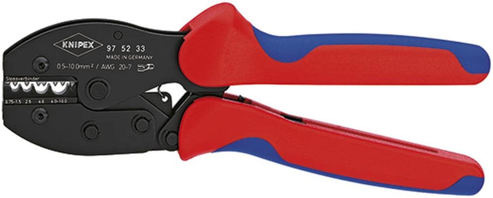Pinzas de engarce con mango de confort de KNIPEX 8.55 pulgadas en rojo para terminales y conectores sin aislamiento - 97 52 33