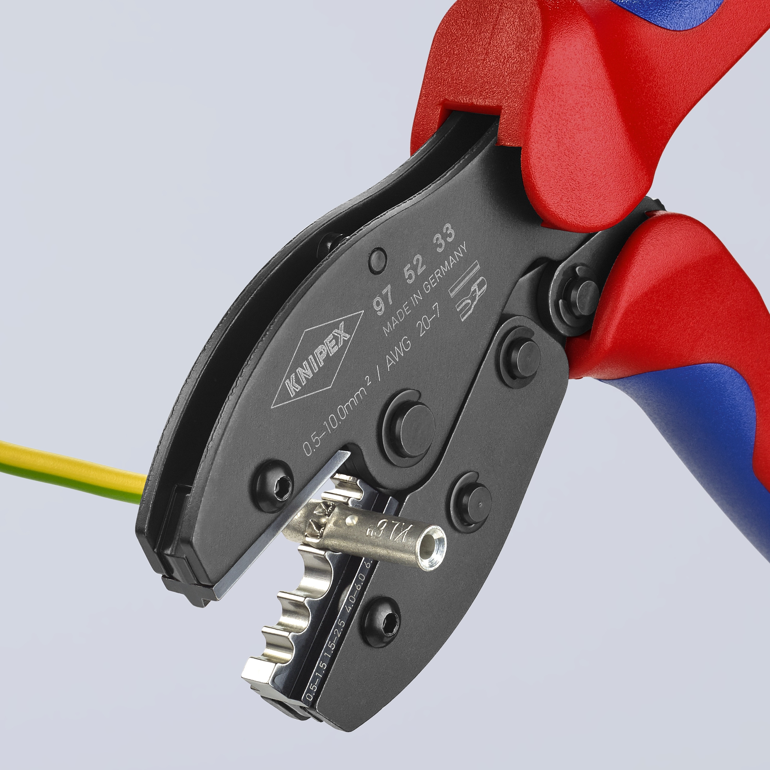 Pinzas de engarce con mango de confort de KNIPEX 8.55 pulgadas en rojo para terminales y conectores sin aislamiento - 97 52 33