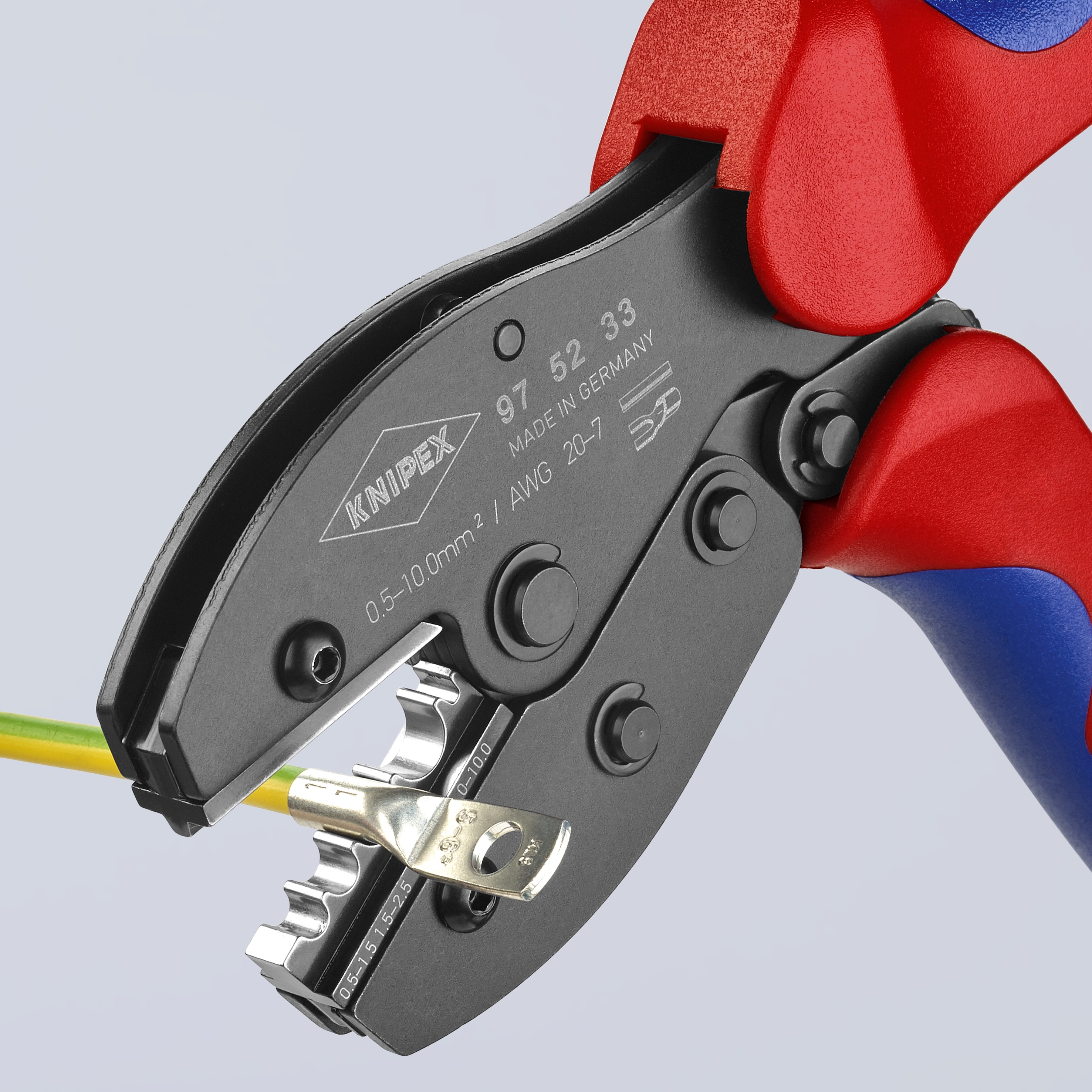 Pinzas de engarce con mango de confort de KNIPEX 8.55 pulgadas en rojo para terminales y conectores sin aislamiento - 97 52 33