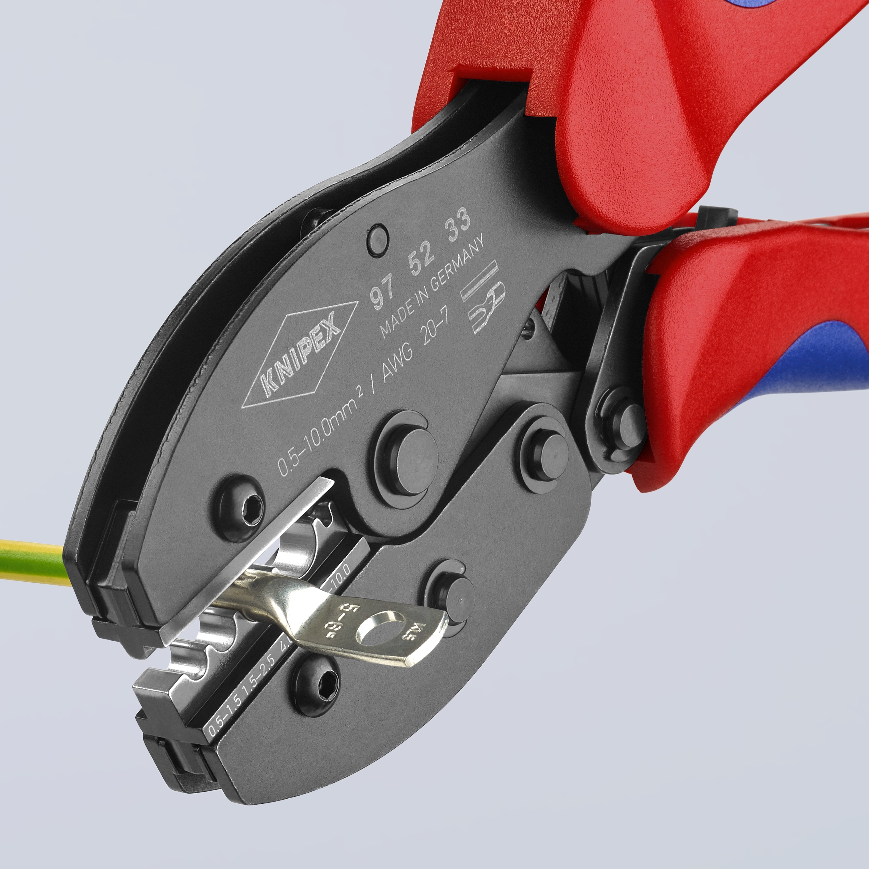 Pinzas de engarce con mango de confort de KNIPEX 8.55 pulgadas en rojo para terminales y conectores sin aislamiento - 97 52 33