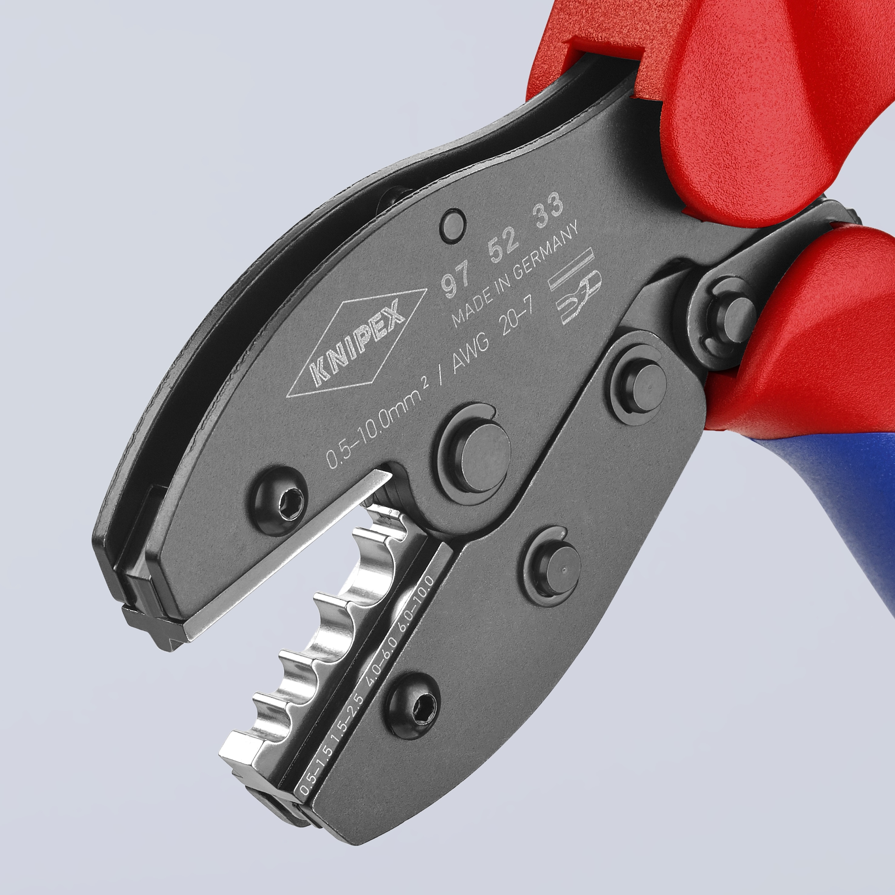 Pinzas de engarce con mango de confort de KNIPEX 8.55 pulgadas en rojo para terminales y conectores sin aislamiento - 97 52 33