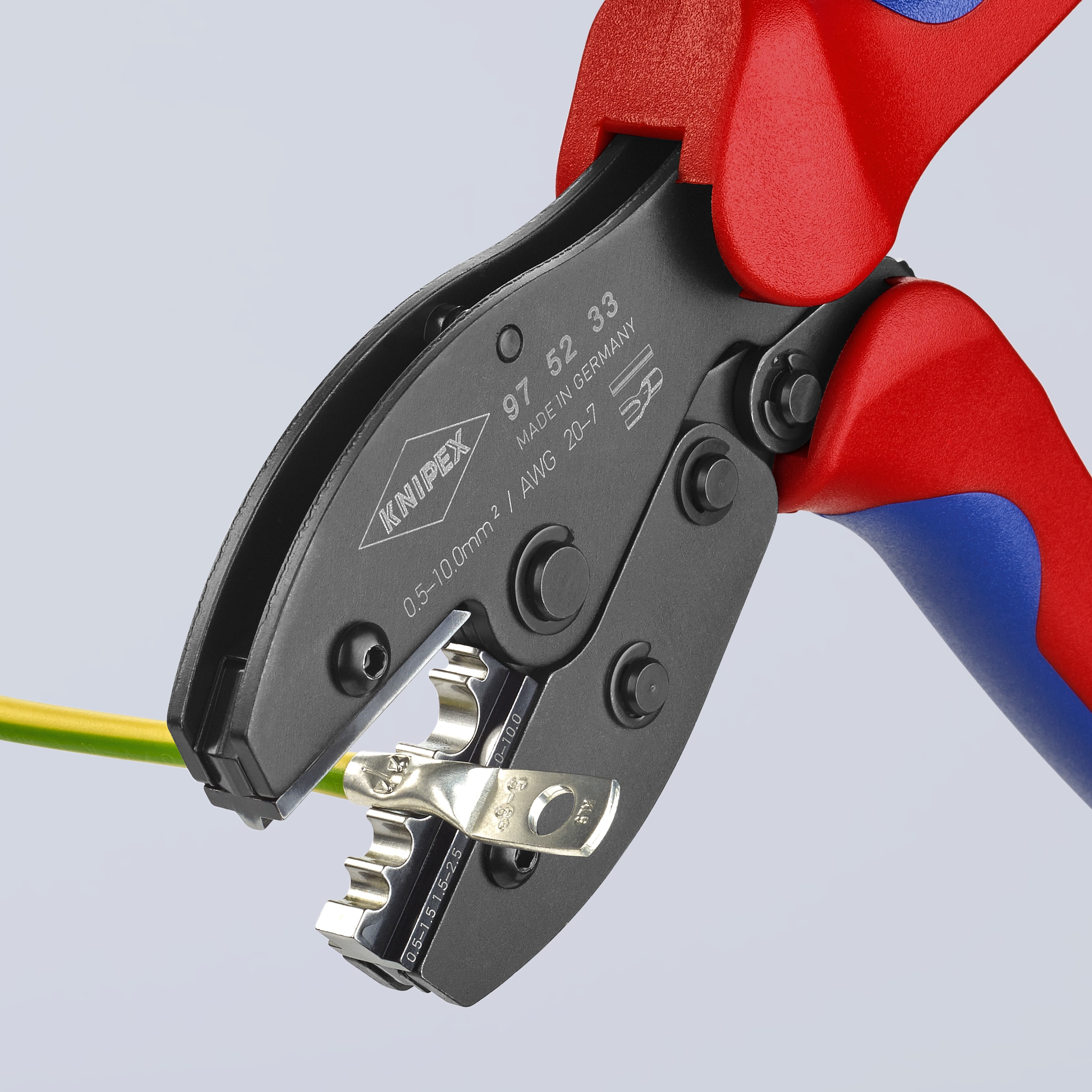 Pinzas de engarce con mango de confort de KNIPEX 8.55 pulgadas en rojo para terminales y conectores sin aislamiento - 97 52 33