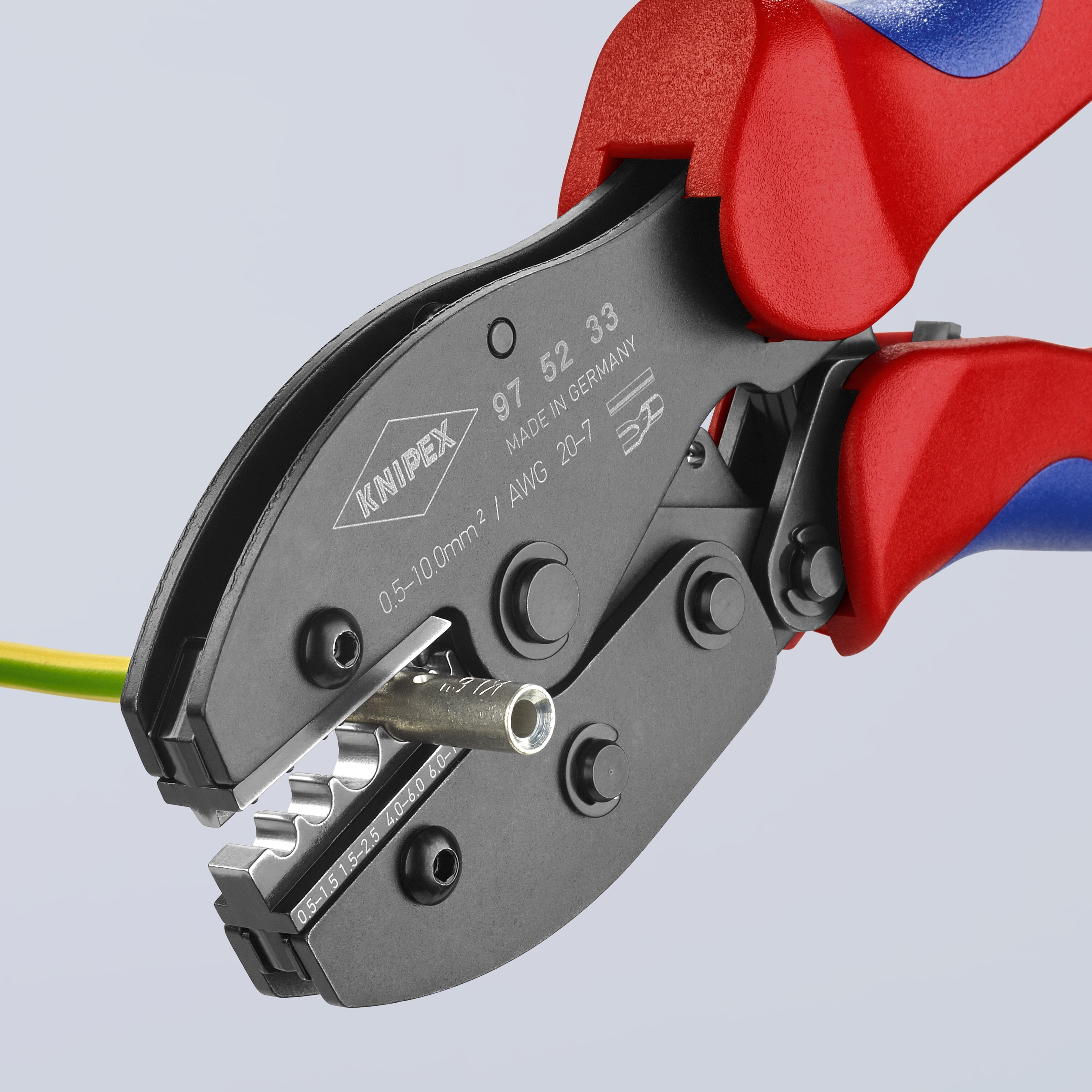 Pinzas de engarce con mango de confort de KNIPEX 8.55 pulgadas en rojo para terminales y conectores sin aislamiento - 97 52 33