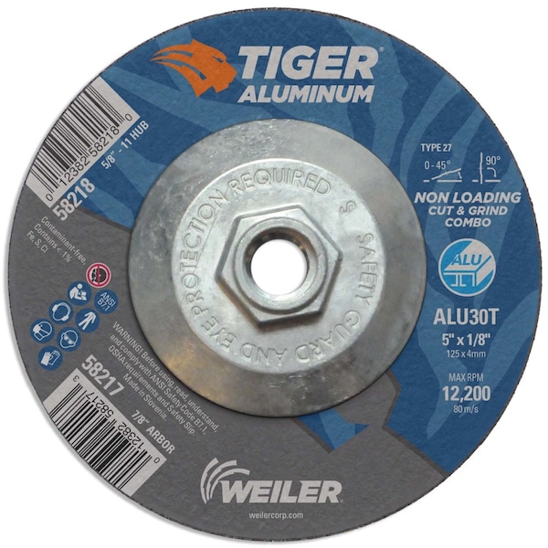 Weiler 5 pulgadas de diámetro, 1/8 pulgadas de grosor, tamaño de orificio del arbor de 5/8"-11 UNC, Óxido de Aluminio - 58218