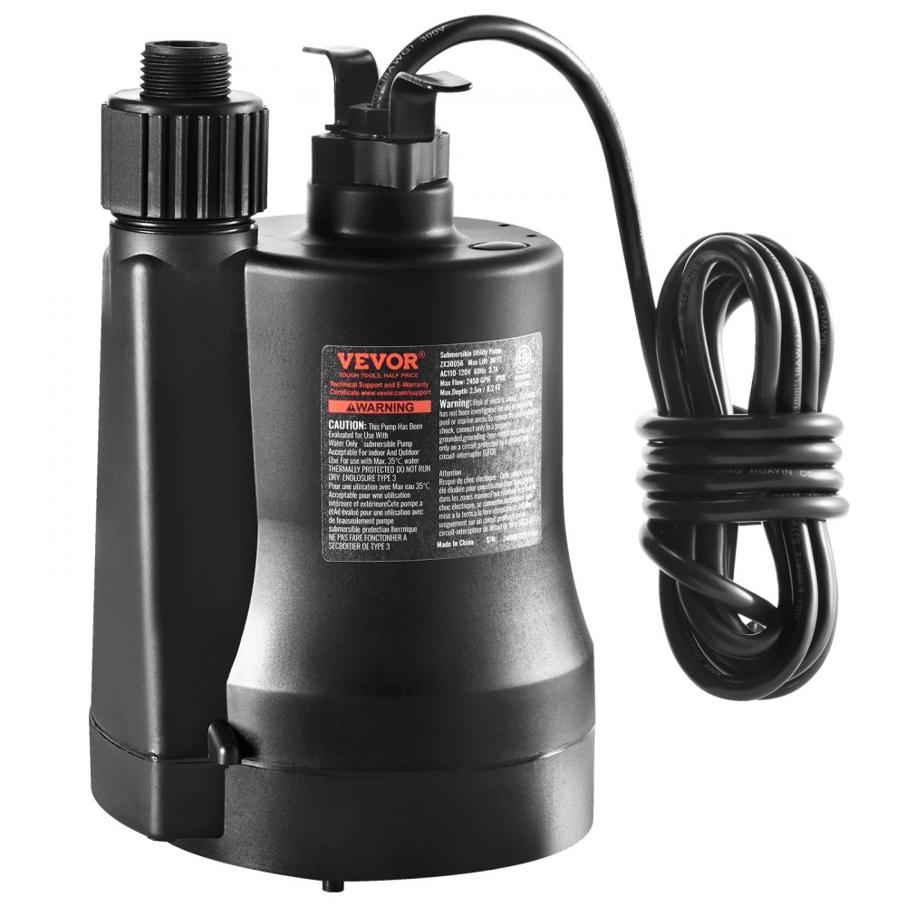 VEVOR Utility Pump, 1/3 HP, 2450 GPH High Flow, 30 ft Head, Sump Pump Submersible Water Pump Portable Utility Pump with 10 ft Long Power Cord for Draining Water from Swimming Pool Garden Pond Basement - QSSZBSL13HP0HT2C5V1