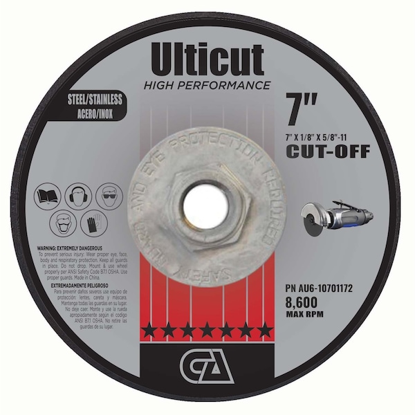 Rueda de corte y rectificado y muescas de centro deprimido Continental Abrasives 7" x 1/8" x 5/8-11" Ulticut T27 - AU6-10701172.