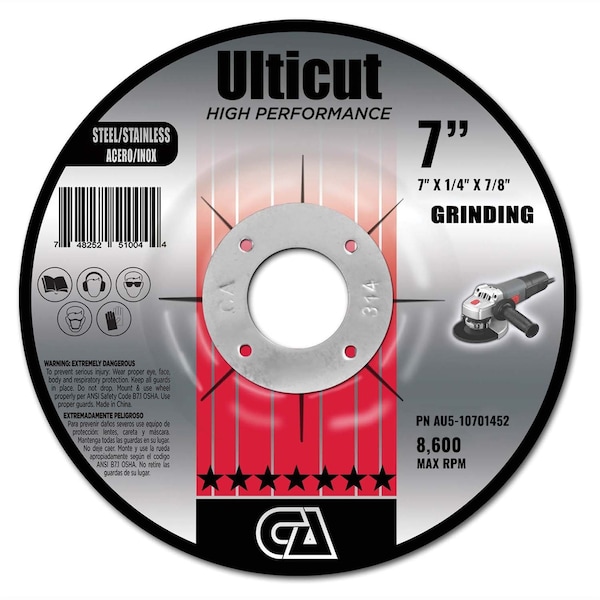 Rueda de rectificado de centro deprimido Continental Abrasives 7" x 1/4" x 7/8" Ulticut T27 - AU5-10701452