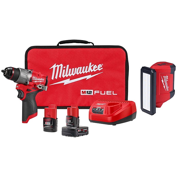 Milwaukee Tool Combo Kit and Flood Light, 12V, 22500 bpm, Includes Batteries & Charger - 3404-22, 2367-20
