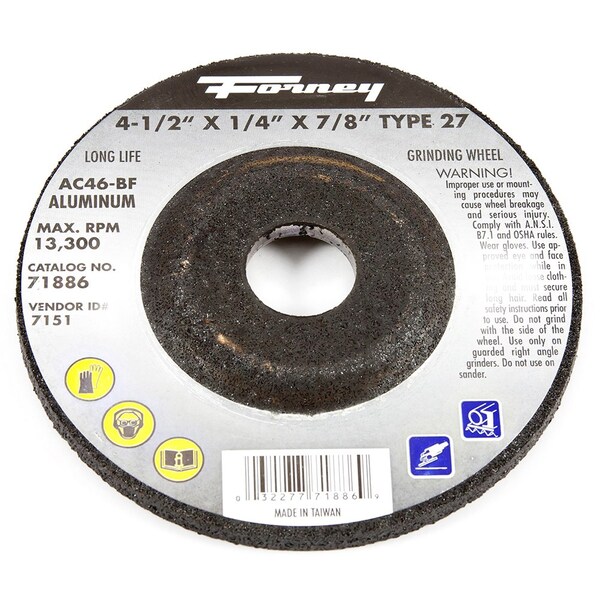 Rueda de molienda Forney, Aluminio, Tipo 27, 4-1/2 pulgadas x 1/4 pulgada x 7/8 pulgadas - 71886