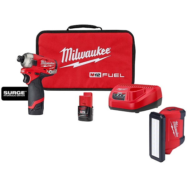 Milwaukee Tool Driver Kit and Flood Light, Drive Size 1/4 in Hex, 12 V, Includes Batteries (2.0 Ah) - 2551-22, 2367-20