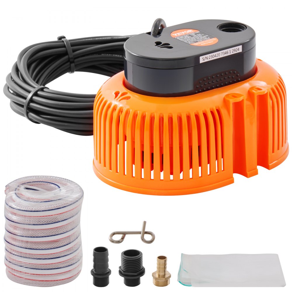 VEVOR Automatic Pool Cover Pump, 1/10 HP 75W 540 GPH, 120V Submersible Swimming Pool Cover Pump, Water Removal Pump with 3 Hose Adapters 16 ft Drainage Hose & 25 ft Power Cord, for Pool Draining - YCGBYC850GPH1EUVMV1
