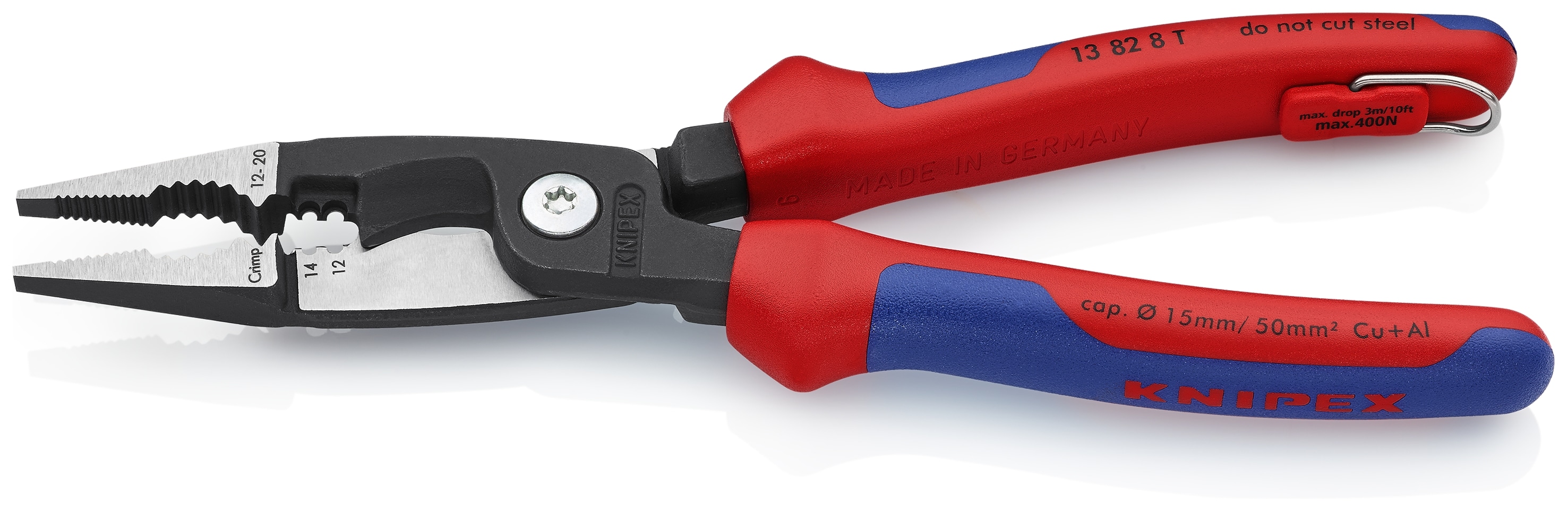 KNIPEX Alicates Multifuncionales Rojos de 8.35 pulgadas con Funciones de Engaste, Pelado, Corte, Doblez, Agarre y Desbarbado - 13 82 8 T BKA