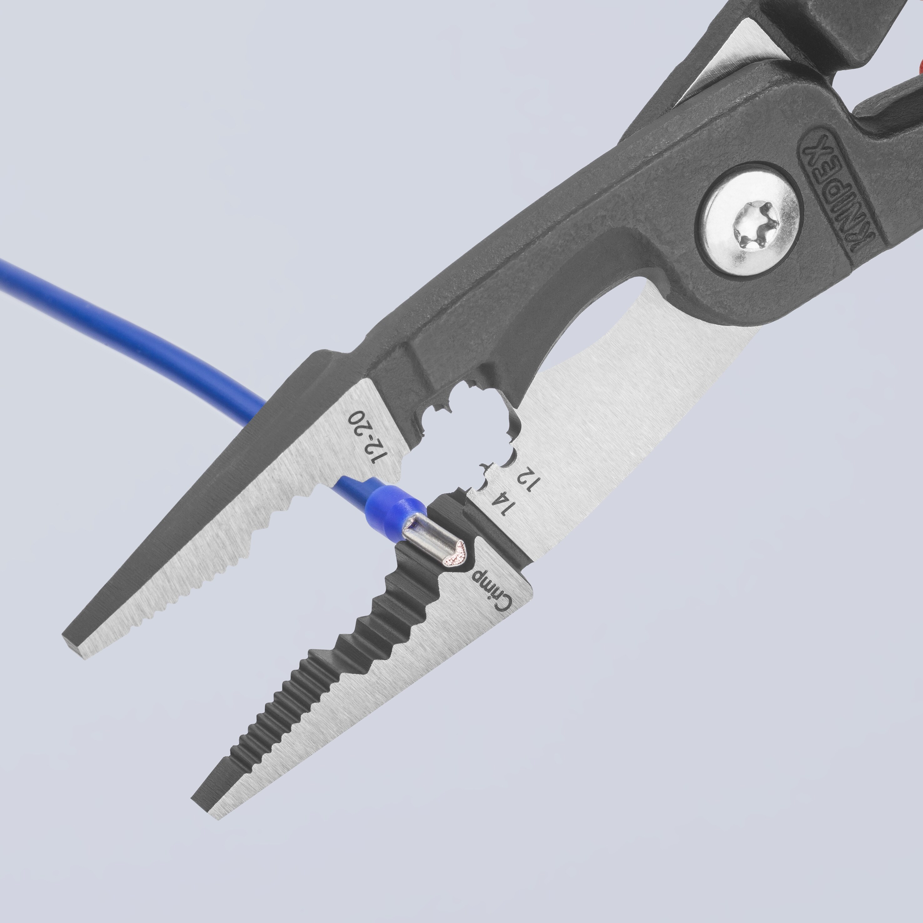 KNIPEX Alicates Multifuncionales Rojos de 8.35 pulgadas con Funciones de Engaste, Pelado, Corte, Doblez, Agarre y Desbarbado - 13 82 8 T BKA