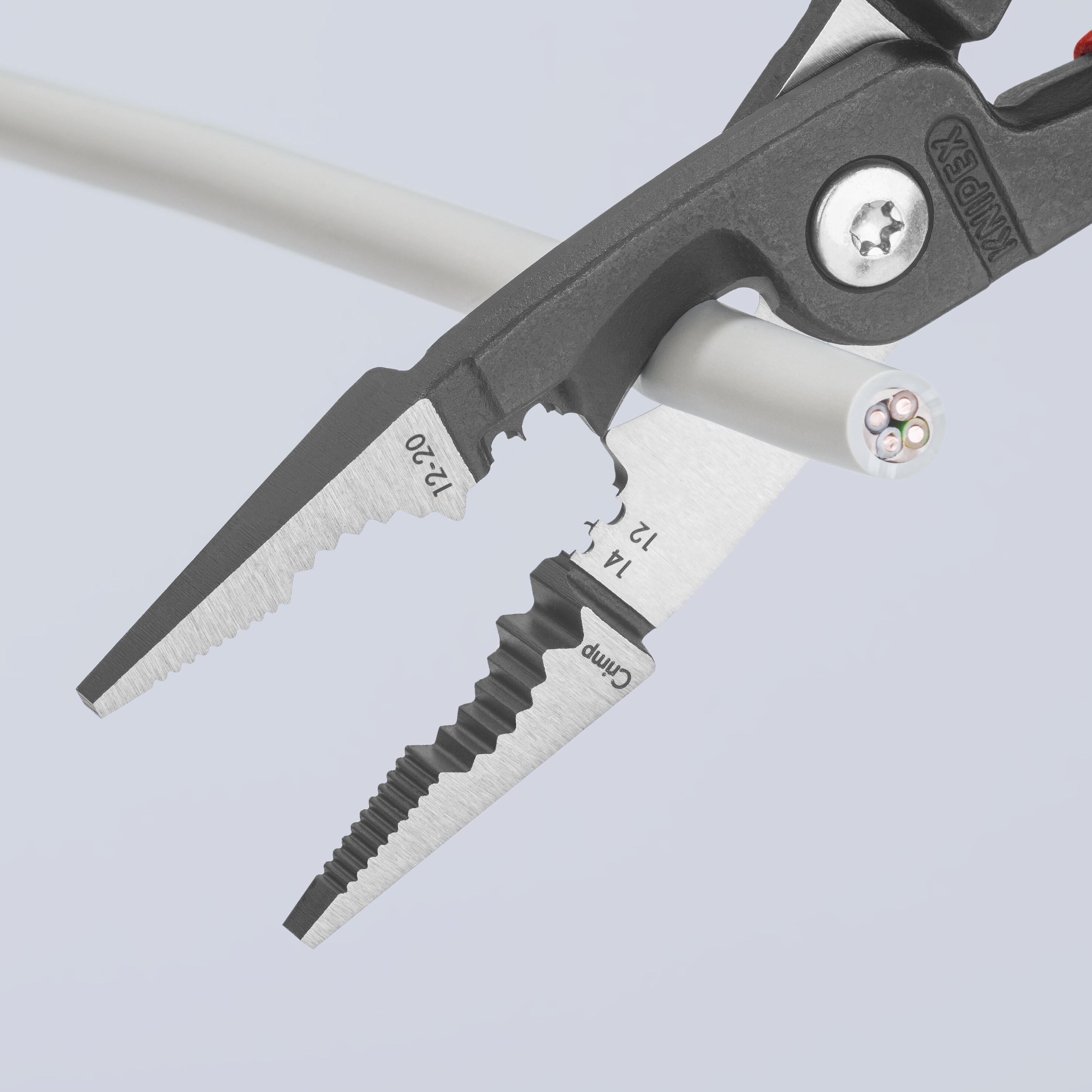 KNIPEX Alicates Multifuncionales Rojos de 8.35 pulgadas con Funciones de Engaste, Pelado, Corte, Doblez, Agarre y Desbarbado - 13 82 8 T BKA