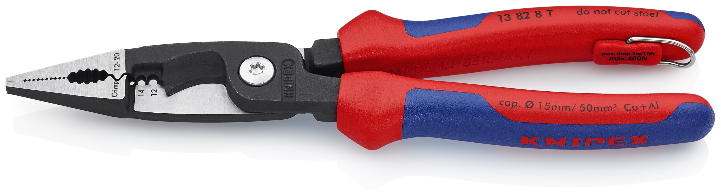 KNIPEX Alicates Multifuncionales Rojos de 8.35 pulgadas con Funciones de Engaste, Pelado, Corte, Doblez, Agarre y Desbarbado - 13 82 8 T BKA