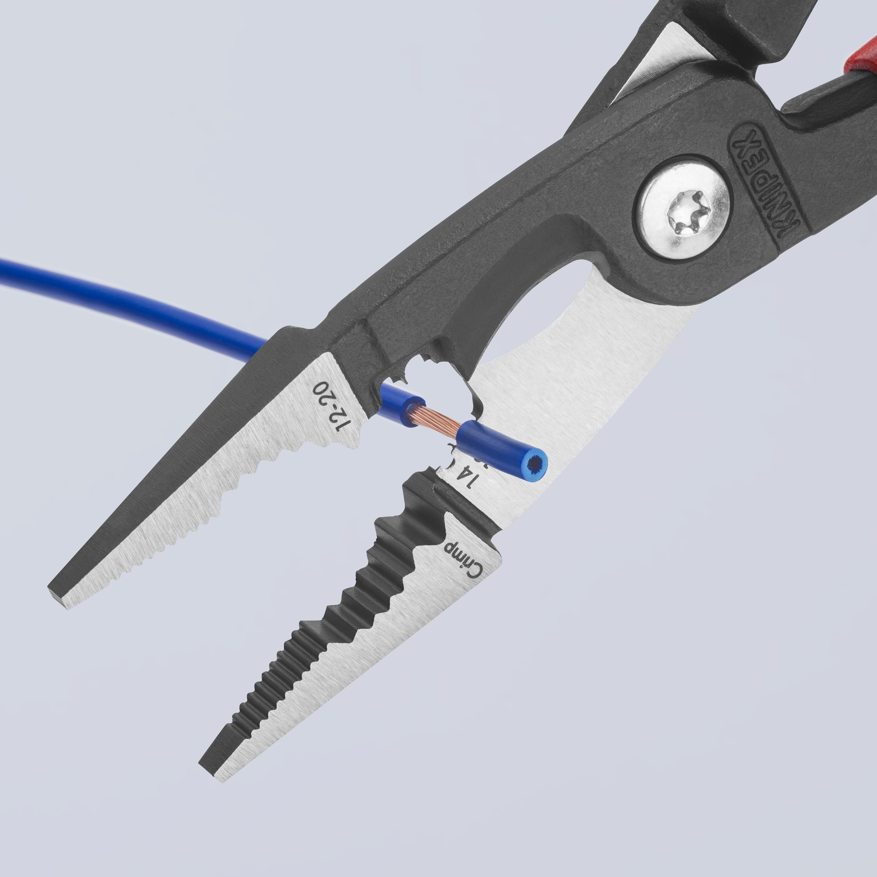 KNIPEX Alicates Multifuncionales Rojos de 8.35 pulgadas con Funciones de Engaste, Pelado, Corte, Doblez, Agarre y Desbarbado - 13 82 8 T BKA