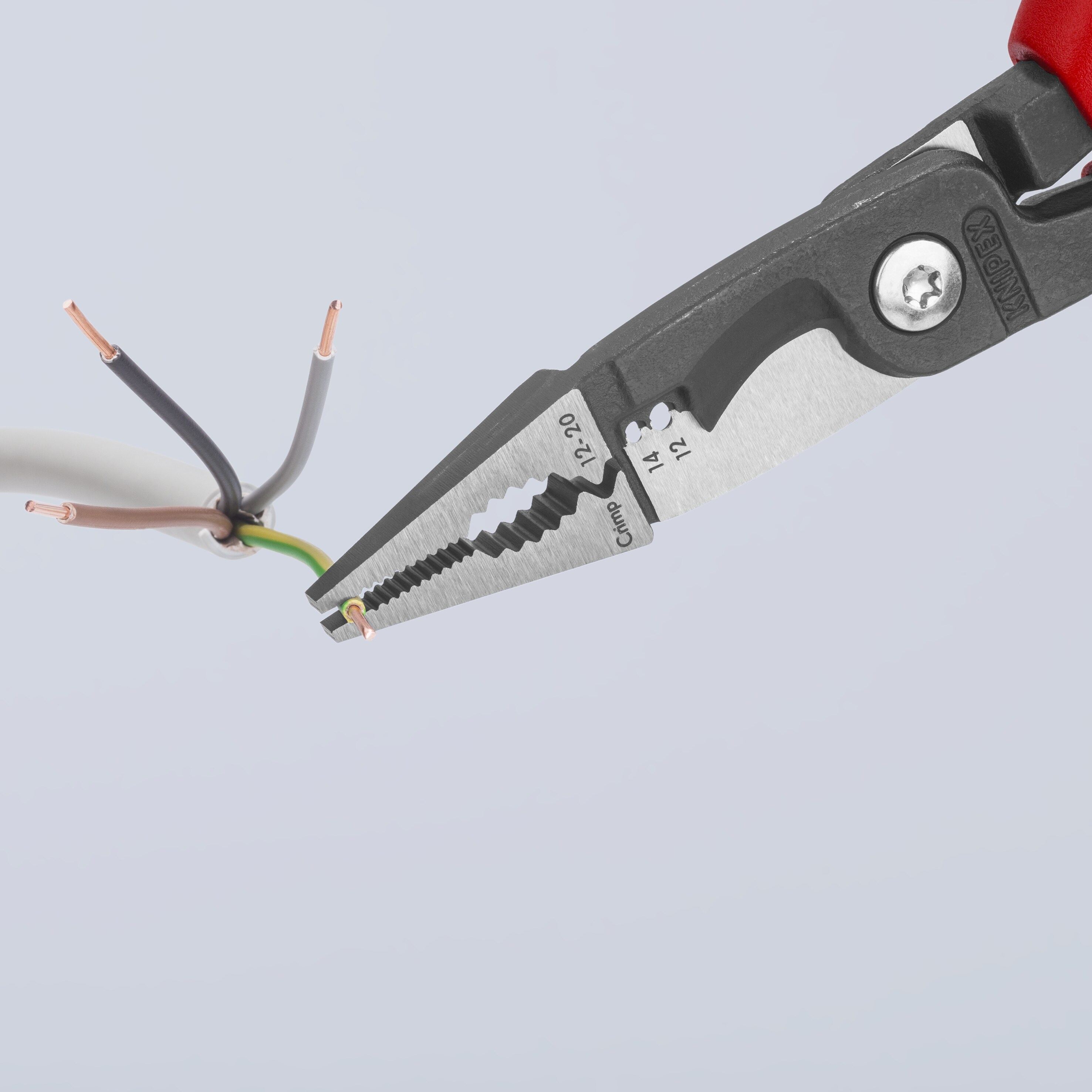 KNIPEX Alicates Multifuncionales Rojos de 8.35 pulgadas con Funciones de Engaste, Pelado, Corte, Doblez, Agarre y Desbarbado - 13 82 8 T BKA