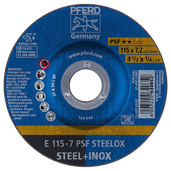 Rueda de esmerilado Pferd de 4-1/2" x 1/4, 7/8" A.H. - PSF STEELOX - Tipo 27 - 61002.