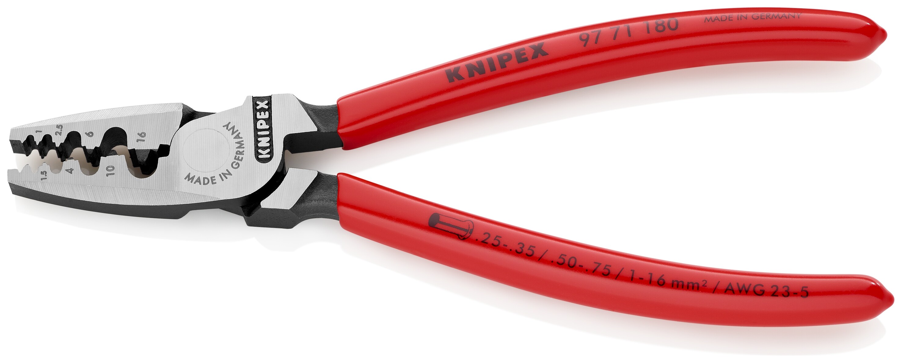 KNIPEX Pinzas de Crimpado con Mangos Rojos Sumergidos 7.1 pulgadas Pinzas de Crimpado Eléctrico para Terminal de Cable (Férulas) - Capacidad de 0.25 a 16 mm2 - 97 71 180