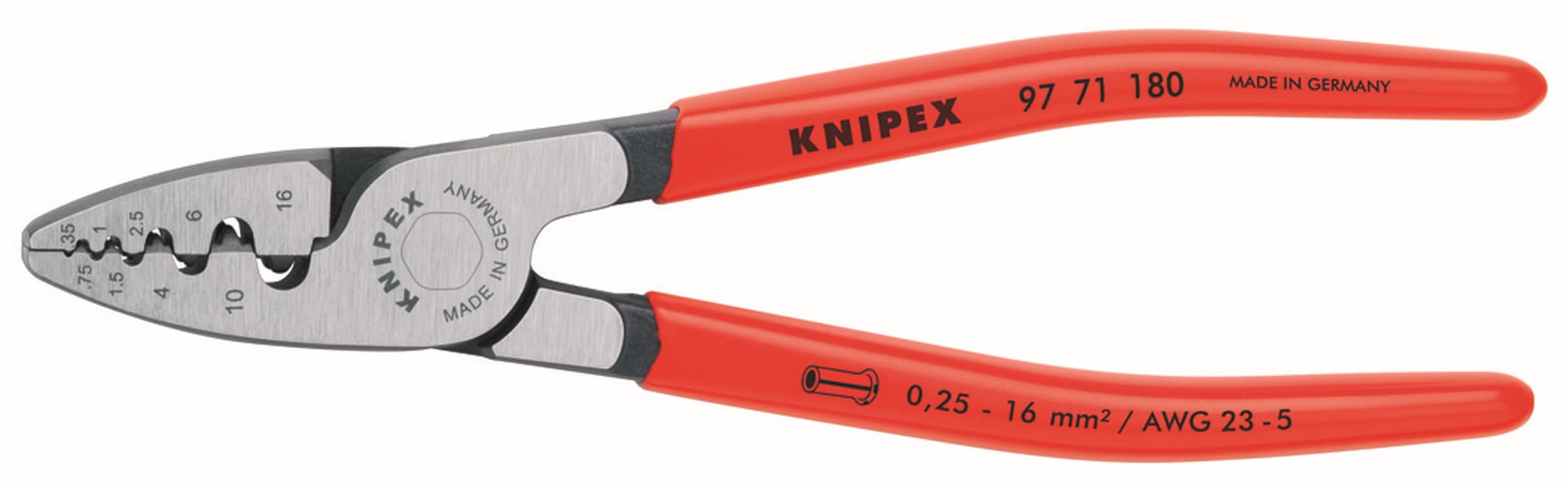 KNIPEX Pinzas de Crimpado con Mangos Rojos Sumergidos 7.1 pulgadas Pinzas de Crimpado Eléctrico para Terminal de Cable (Férulas) - Capacidad de 0.25 a 16 mm2 - 97 71 180