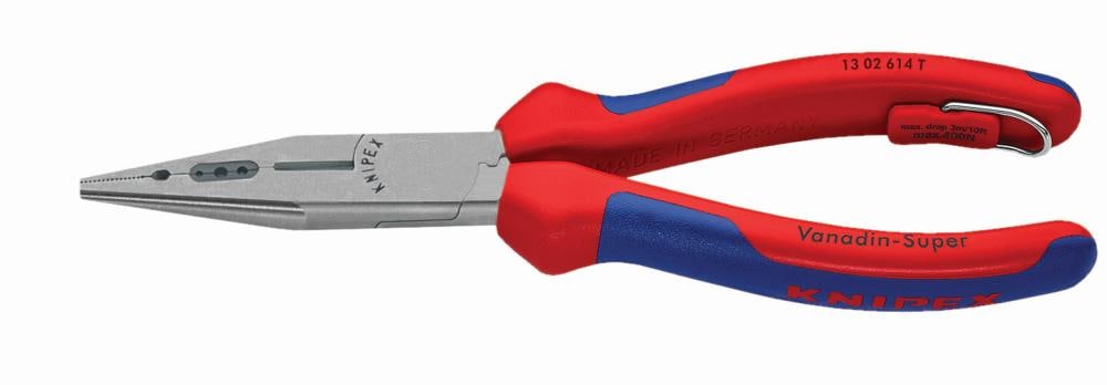 Alicates multiherramienta KNIPEX con mango sumergido de 6.55 pulgadas en rojo para electricistas con funciones de agarre, corte, pelado y prensado - 13 02 614 T BKA