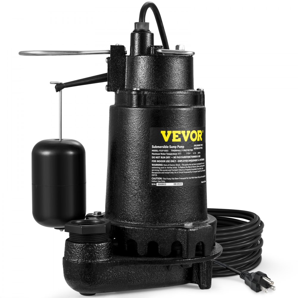 VEVOR 1HP Sewage Pump, 5600 GPH Cast Iron Submersible Sump Pump with Automatic Snap-action Float Switch, Heavy-Duty Submersible Sewage, Basement Tested to CSA Standards - WSBZT10HP110VT5RYV1